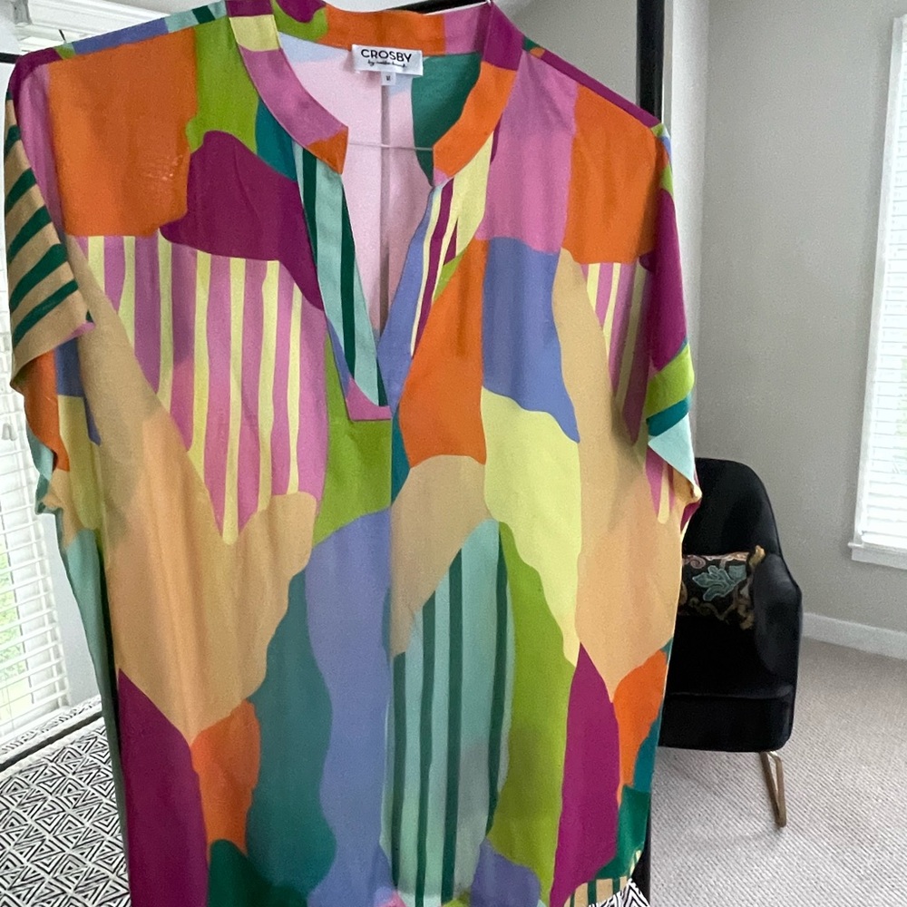 Crosby Colorblock Abstract Silk Top in Orange, Pink, Green